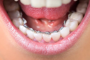 Close-up of smile showing lower teeth with metal braces and brackets installed.