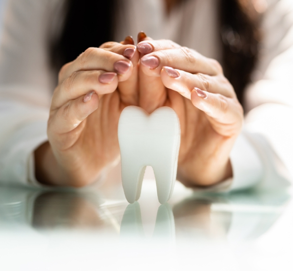 Hands protectively framing a white tooth model on reflective surface, representing dental care.