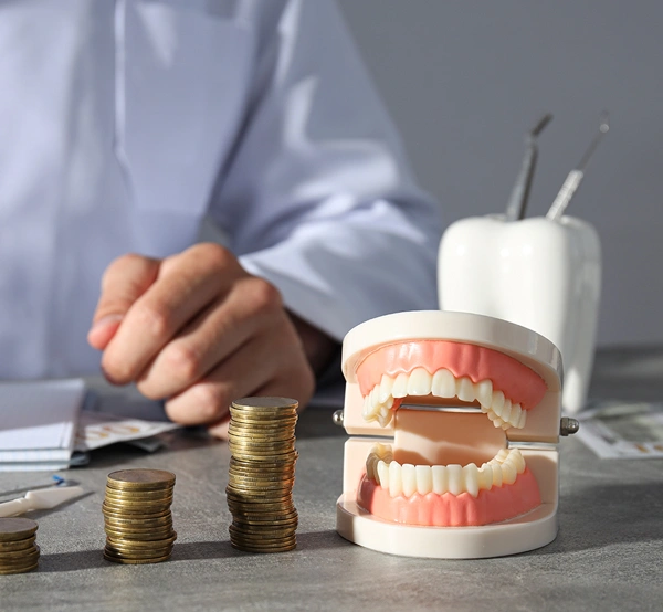Orthodontist examining dental model with stacked coins, representing dental investment and treatment costs.