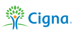 Cigna insurance logo featuring stylized blue person with green leaf canopy above.