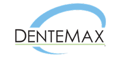 Dentemax logo featuring text with blue curved wave design element above.