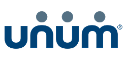 Unum company logo featuring blue text with three dots above, representing insurance and benefits services.
