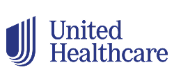 United Healthcare logo featuring blue vertical lines and company name in serif typeface.